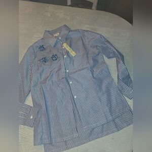Blue Striped Button-Down Shirt with Embroidered Womens S Antilia Femme New